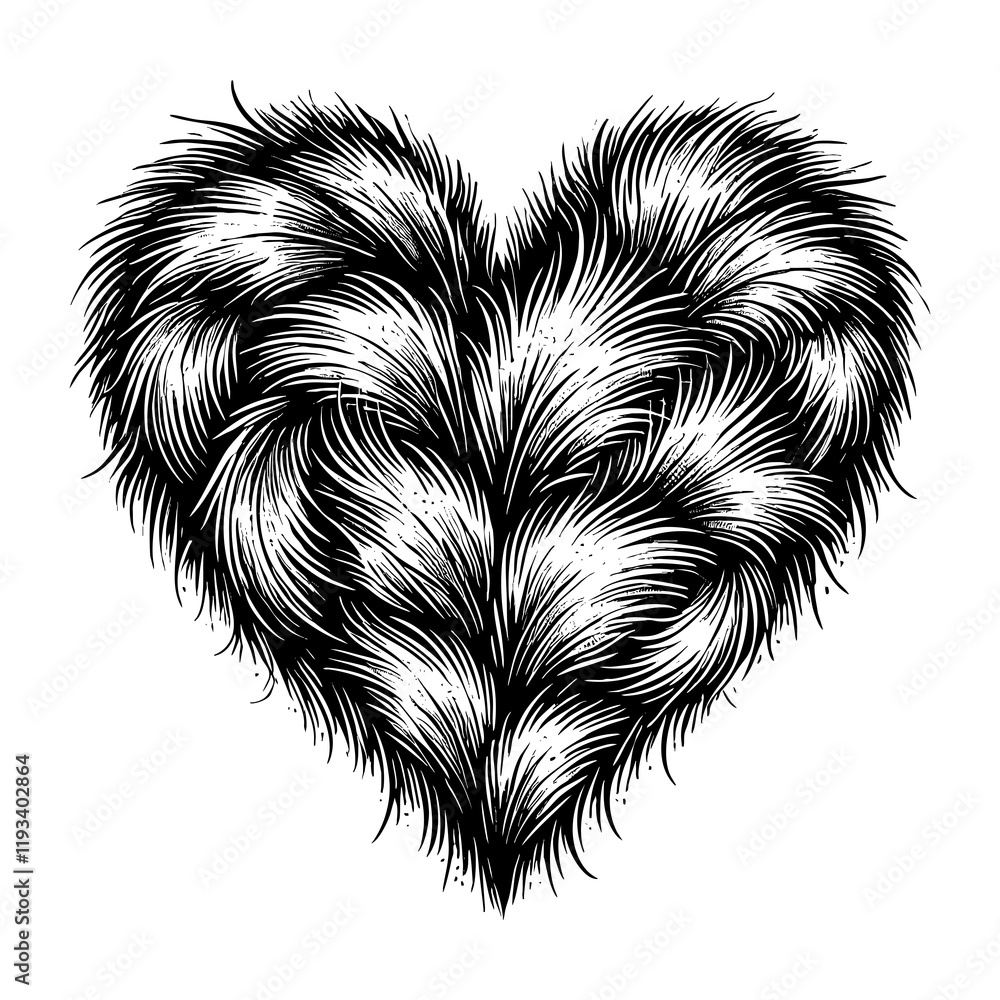 Obraz premium heart formed by flowing, textured fur strands, symbolizing love, warmth, and connection sketch engraving generative ai PNG illustration. Scratch board imitation. Black and white image.