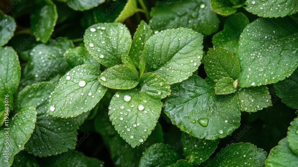 Fresh Green Leaves with Water Drops in Natural Environment