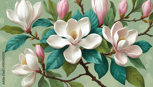 Vintage-Style Magnolia Blossoms on Textured Canvas