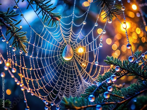 Dew-Kissed Spiderweb at Night: Mystical Nature Photography photo