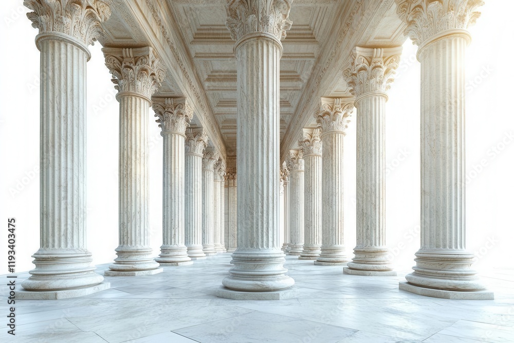 magnificent side view of the supreme court's marble columns, intricately carved, showcasing shadows and light play, evoking a sense of justice and architectural beauty, isolated on white magnificent side view of the supreme court's marble columns, intricately carved, showcasing shadows and light play, evoking a sense of justice and architectural beauty, isolated on white
