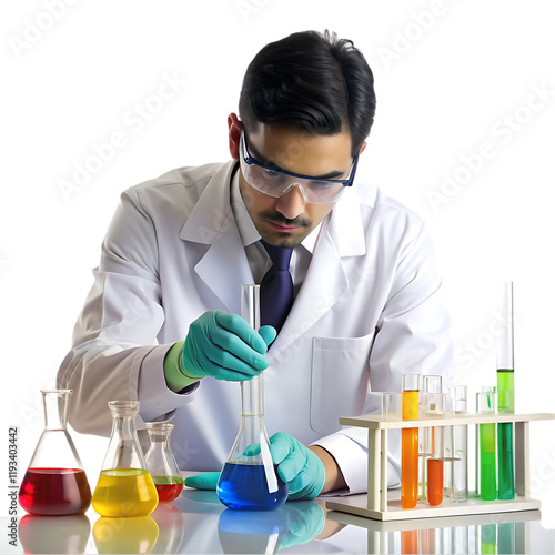 Scientist in Lab Coat Mixing Colorful Chemicals Research red man blue test work green     
