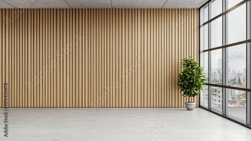 Modern empty room with wood wall and city view.