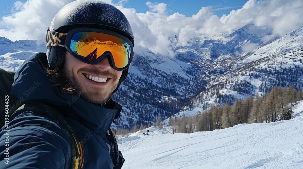 A snowboarder smiles for a photo during an off-piste skiing adventure in the snowy European Alps, showcasing breathtaking mountain sceneries under clear skies. An inspiring winter sports and travel . A snowboarder smiles for a photo during an off-piste skiing adventure in the snowy European Alps, showcasing breathtaking mountain sceneries under clear skies. An inspiring winter sports and travel .