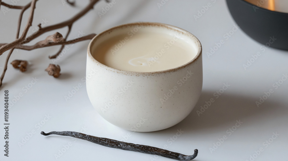 Fototapeta premium A steaming cup of white hot chocolate, served in a minimalistic white ceramic cup with a vanilla pod resting beside it.