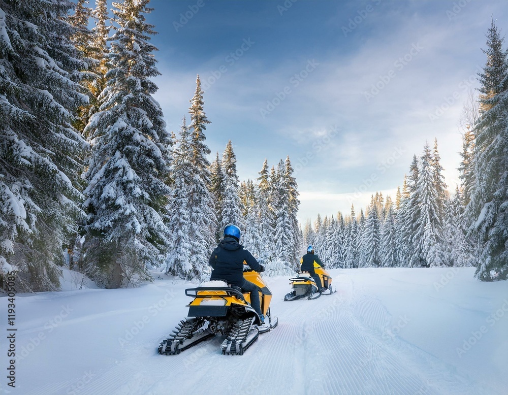 Driving through a winter landscape on snowmobiles Driving through a winter landscape on snowmobiles