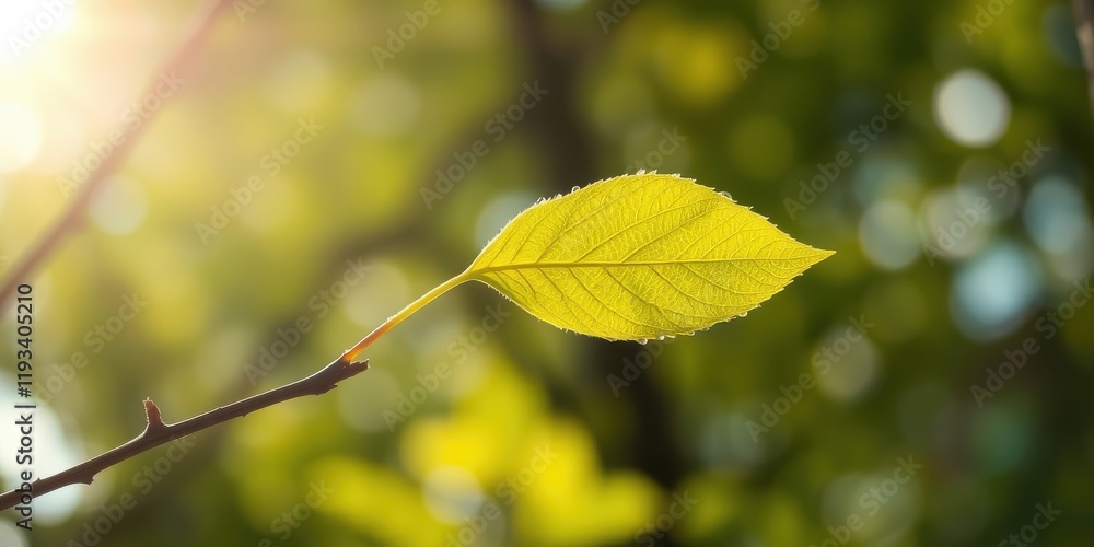 A single, vibrant green leaf illuminated by sunlight on a slender branch, showcasing the intricate details of its veins and the soft bokeh of the surrounding foliage. A single, vibrant green leaf illuminated by sunlight on a slender branch, showcasing the intricate details of its veins and the soft bokeh of the surrounding foliage.