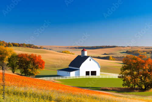 A barn and silo set against a backdrop of golden fields under a clear blue sky, classic farm scene, banner photo