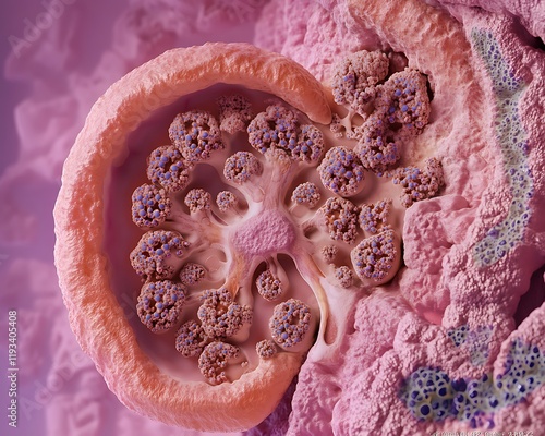 Detailed image of kidney tissue with glomeruli and tubules under high magnification photo