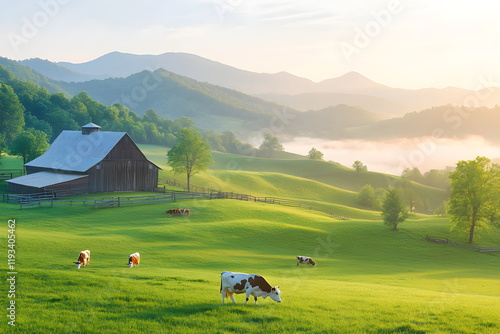 A classic barnyard scene with cows grazing in the foreground, rustic barn in the background, banner