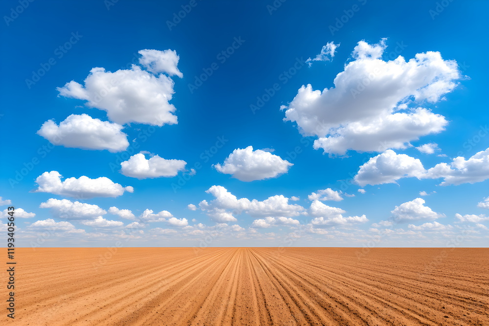 Fototapeta premium A plowed field with neatly turned soil, under a blue sky with fluffy clouds, earthy and peaceful, wide shot of the land