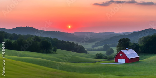 A rustic barn surrounded by rolling hills under a soft, warm sunset, classic red and white colors, banner farm countryside photo