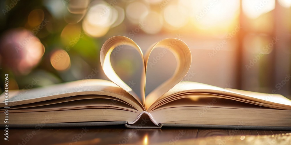 Heart-Shaped Pages in Open Book with Soft Background Light Heart-Shaped Pages in Open Book with Soft Background Light