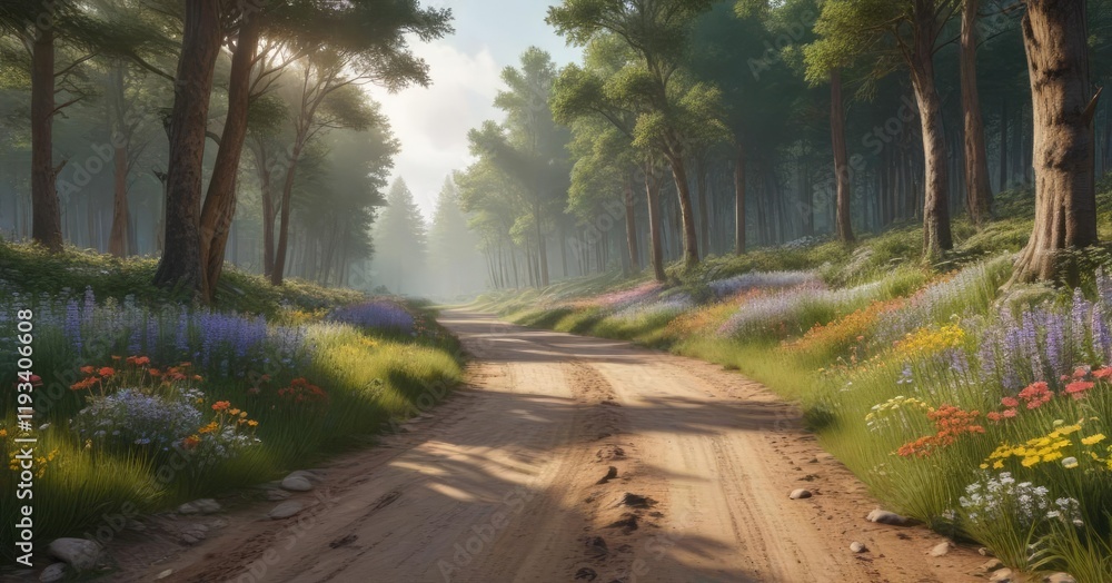 Naklejka premium A winding dirt road meanders through the forest, lined with towering trees and vibrant wildflowers , outdoor, forest path