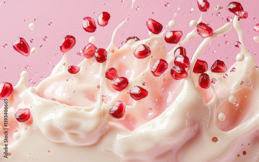 A dynamic milk explosion with pomegranate seeds scattered in motion on a pastel pink backdrop A dynamic milk explosion with pomegranate seeds scattered in motion on a pastel pink backdrop
