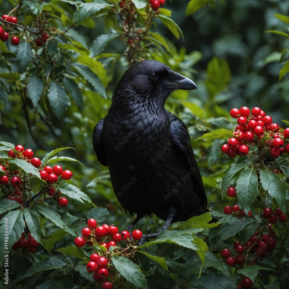 Fototapeta premium colored crow in the flowers in garden.A Pakistani national bird perched in a lush floral garden, with a white background.Blackbird (Turdus merula) sits in dark green leaf foliage. Male bird with