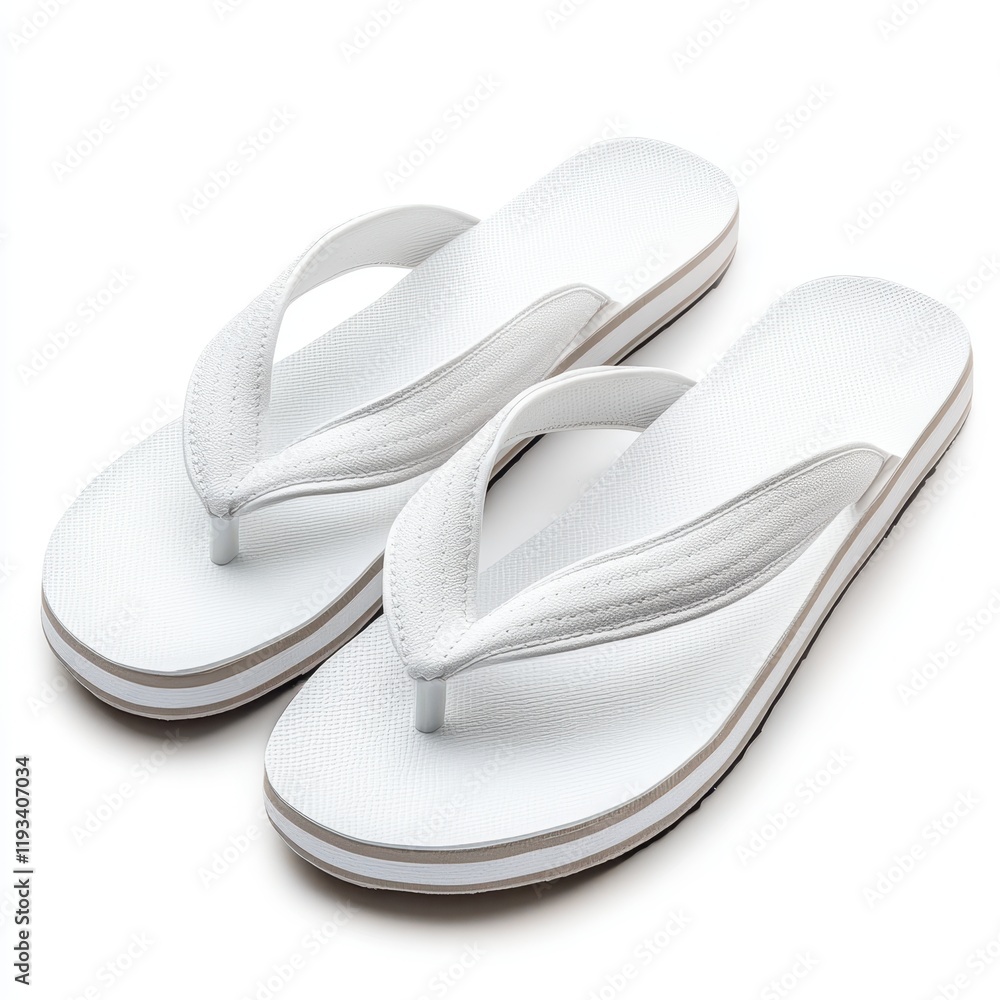 A simple pair of white flip flops neatly placed on a clean white surface, highlighting their minimalist design and casual style. A simple pair of white flip flops neatly placed on a clean white surface, highlighting their minimalist design and casual style.