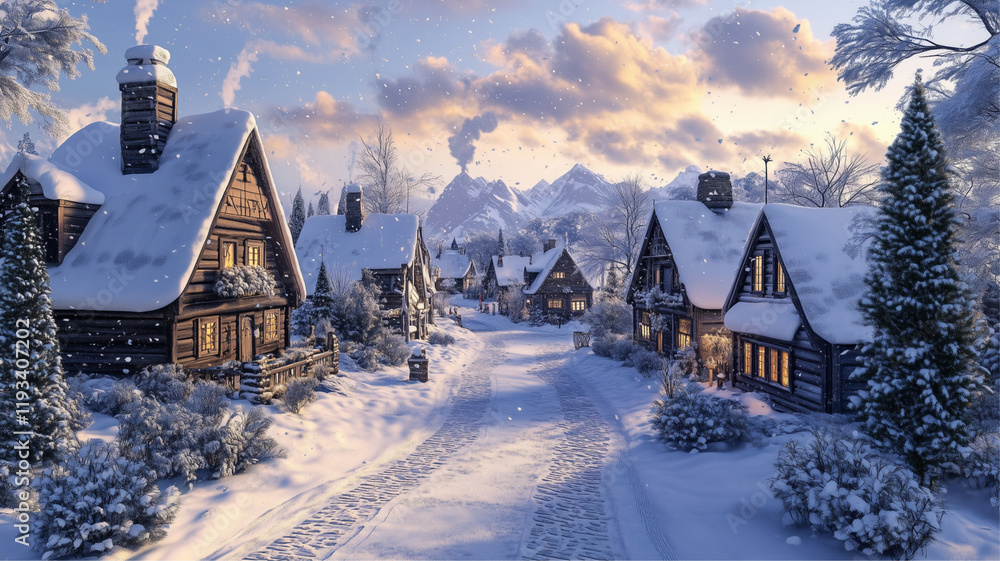 Fototapeta premium A stunning snowy pathway winding through a traditional village.