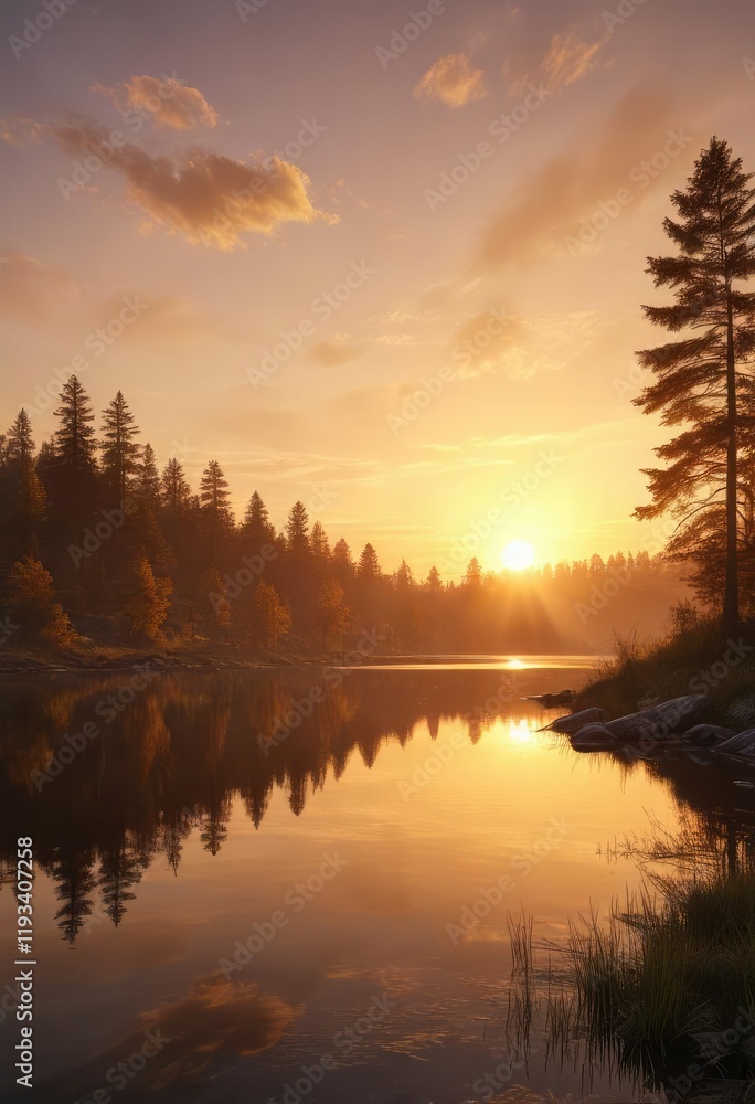 Obraz premium A warm, golden sunset over a serene, peaceful lake, sunset, lake