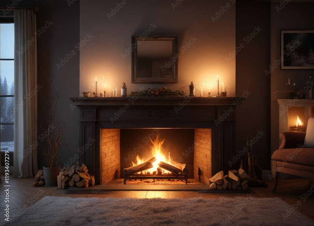 A warm and inviting fireplace on a cold winter's night, crackling flames, relaxing atmosphere A warm and inviting fireplace on a cold winter's night, crackling flames, relaxing atmosphere