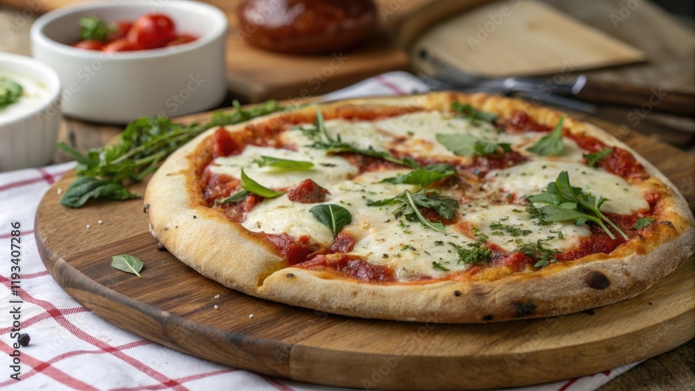 A warm and inviting pizza with a crispy crust and gooey melted mozzarella cheese served on a wooden cutting board with fresh herbs, mozzarella, crispy, warm, cheesy A warm and inviting pizza with a crispy crust and gooey melted mozzarella cheese served on a wooden cutting board with fresh herbs, mozzarella, crispy, warm, cheesy