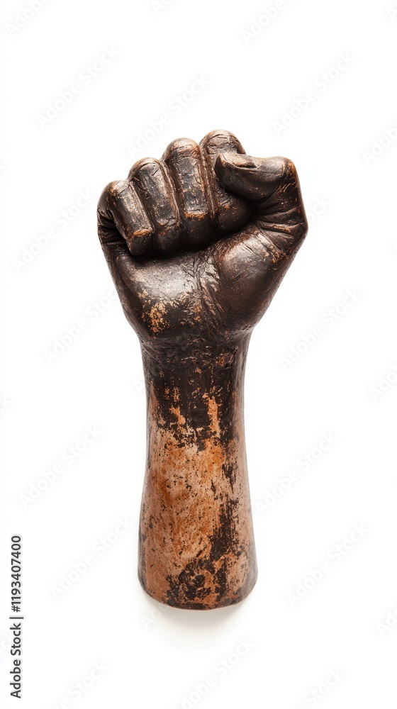 Fototapeta premium A powerful statue of a raised fist symbolizes strength and unity, prominently displayed in an outdoor setting, capturing attention and inspiring reflection.
