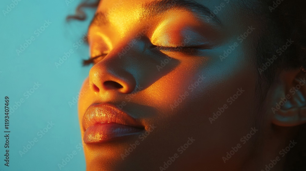 Golden Light Illuminates a Womans Face Close Up Golden Light Illuminates a Womans Face Close Up