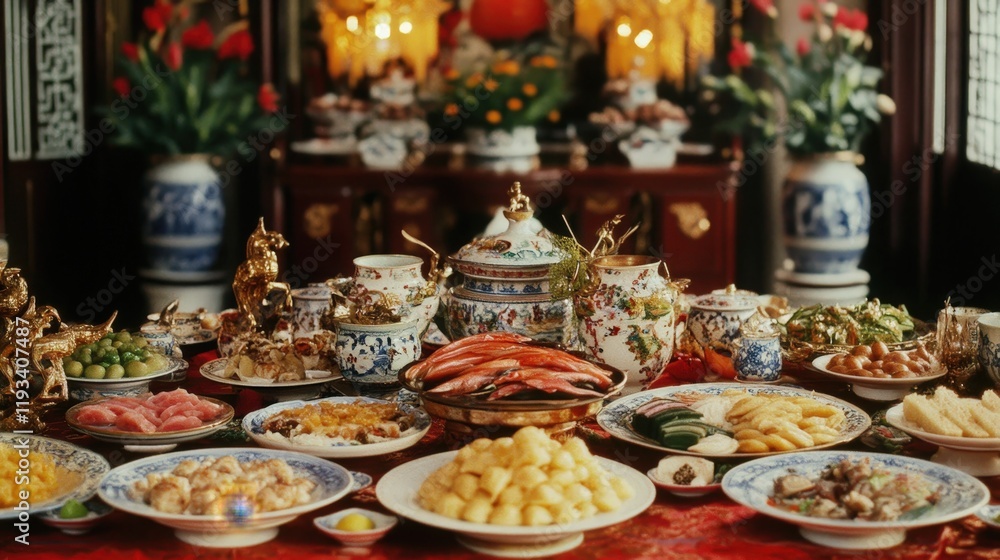 well-prepared Chinese New Year dinner table with multiple dishes representing different blessings. well-prepared Chinese New Year dinner table with multiple dishes representing different blessings.