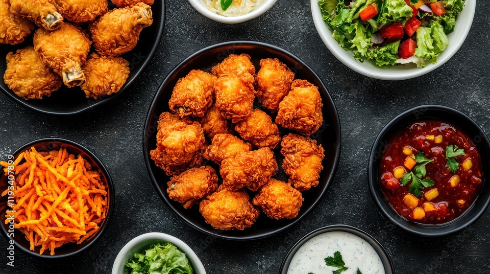 A vibrant spread of crispy fried chicken, fresh salads, and colorful sides, perfect for a hearty meal or gathering. A vibrant spread of crispy fried chicken, fresh salads, and colorful sides, perfect for a hearty meal or gathering.