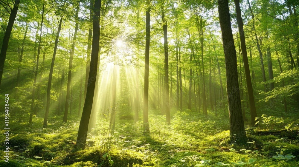 Fototapeta premium Sunlight Filtering Through Dense Green Forest Canopy in Spring