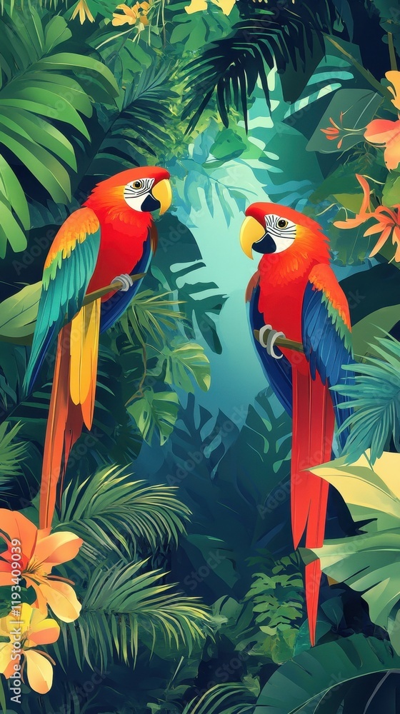 Two Macaws Perched Amidst Lush Tropical Foliage Two Macaws Perched Amidst Lush Tropical Foliage