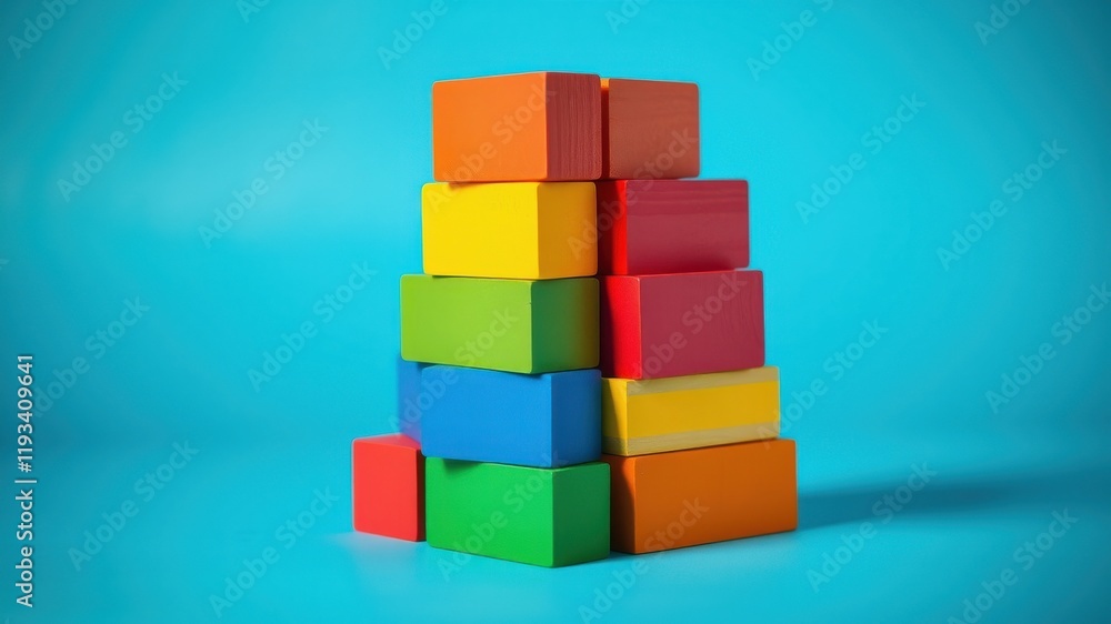 Colorful Wooden Blocks Stacked in a Pyramid Shape on a Blue Background Colorful Wooden Blocks Stacked in a Pyramid Shape on a Blue Background