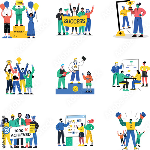 Bundle of Success and Winnings Flat Illustrations