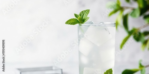 Wallpaper Mural A tall glass filled with a layered mixture of coconut mojito and sparkling water, topped with a sprig of fresh mint leaves and ice cubes, water, layered, sparkling Torontodigital.ca