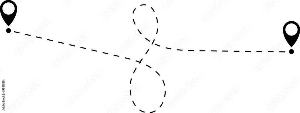 Route icon - two points with dotted path and location pin. Route location icon two pin sign and dotted line. Route icon - two points with dotted path and location pin. Route location icon two pin sign and dotted line.