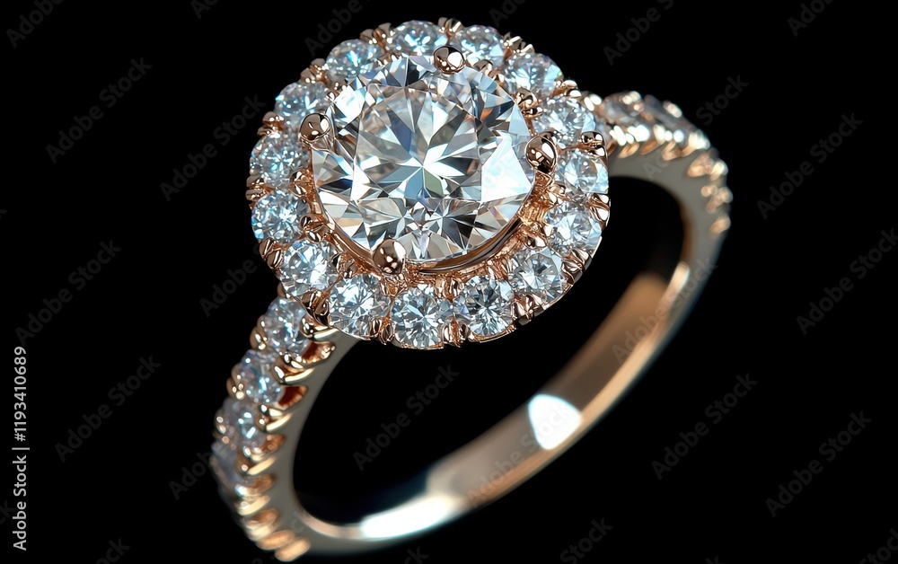 A halo diamond ring with a large central stone surrounded by smaller diamonds, sparkling under soft lighting A halo diamond ring with a large central stone surrounded by smaller diamonds, sparkling under soft lighting