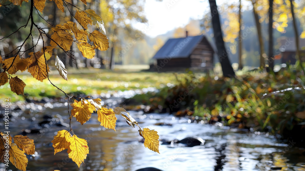 Autumn leaves reflect golden hues by serene stream near rustic cabin Autumn leaves reflect golden hues by serene stream near rustic cabin