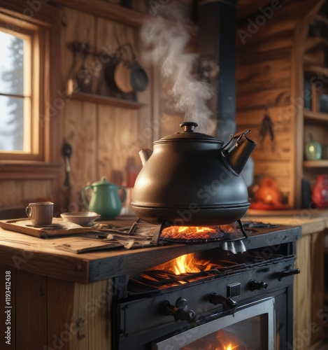 A steaming kettle on a wooden stove amidst a cozy cabin, nature, aquarian age, steaming kettle photo