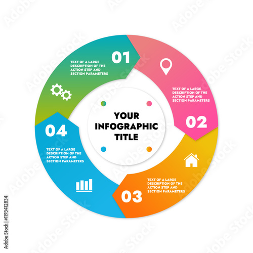 infographic template steps of options of your information with a description of the step and parameters of the option in the form of a circle and arrows