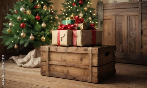 A stack of wrapped gifts on a vintage wooden crate or chest in front of a Christmas tree, christmas tree, festive