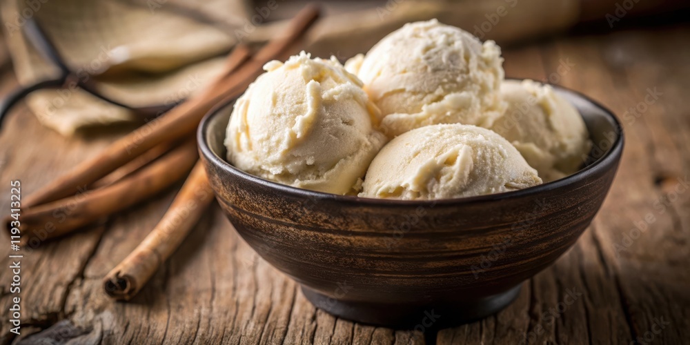 Fototapeta premium Creamy Vanilla Ice Cream Scoops in a Rustic Bowl with Cinnamon Sticks on a Wooden Surface