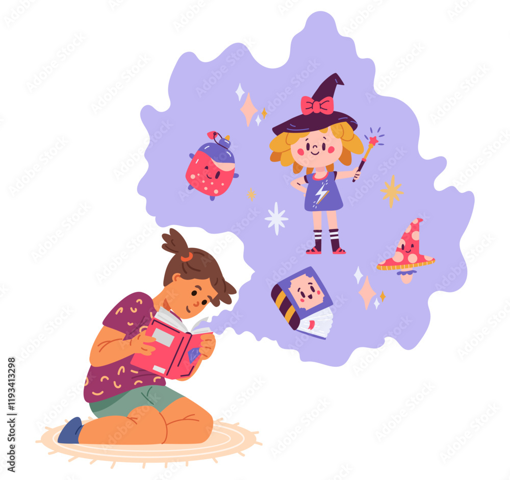 Fototapeta premium Girl reading paper story book about magical adventures flat vector illustration isolated on white. Teen girl reading fantasy book.