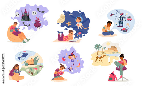 Different children reading paper books about space, robotics, nature, animals, fairy tales flat vector illustrations set isolated on white.