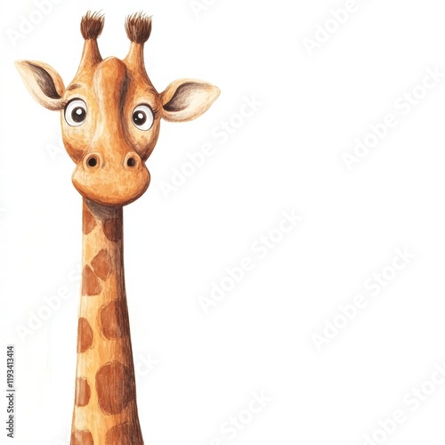 Playful illustrated giraffe with big eyes and cheerful expression in a colorful design set against a plain background. Generative AI photo