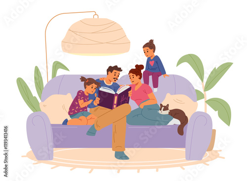 Family sitting on a sofa reading a book together flat vector illustration isolated on white.