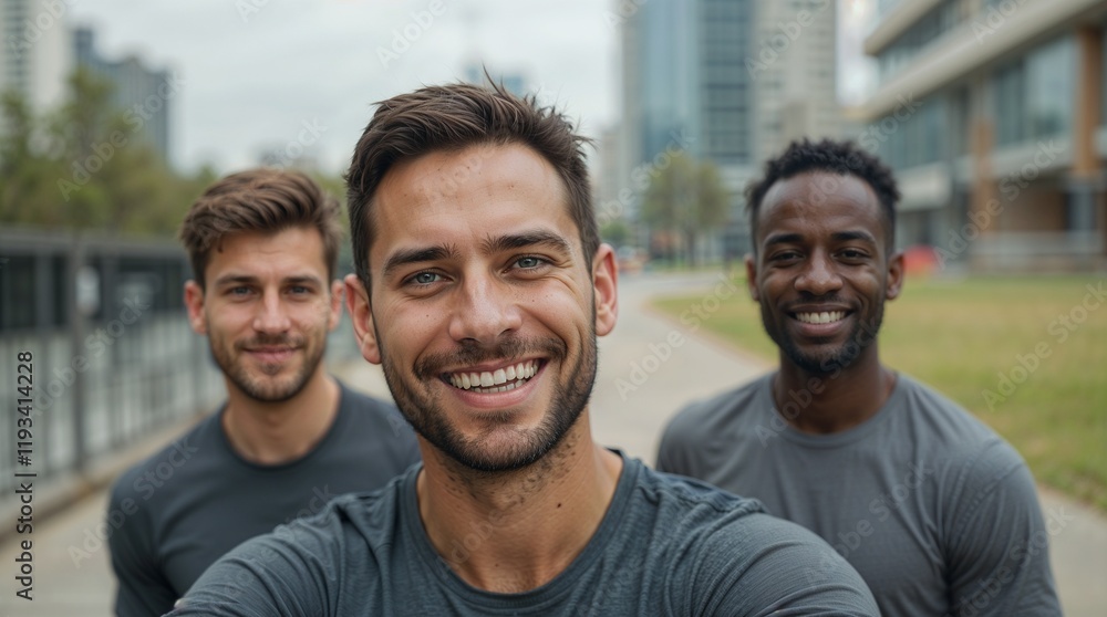 Man in gray tank top running with three shirtless men in the background Man in gray tank top running with three shirtless men in the background