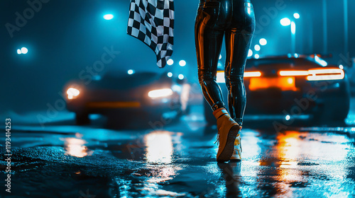 Illuminated urban road setting featured with modern vehicles racing and a race queen in leather outfit holding a checkered flag, embodying energy, speed, and vibrant night colors. photo