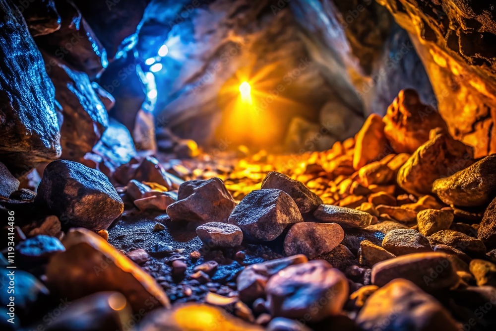 Dramatic Cave Macro: Light Beam Illuminates Rough Stones & Treasure Dramatic Cave Macro: Light Beam Illuminates Rough Stones & Treasure