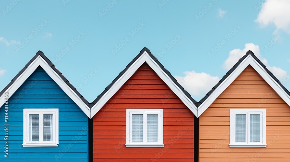 Three colorful houses against a blue sky.