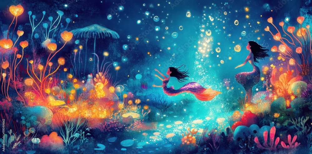 Two Mermaids Swim in a Luminous Underwater World Two Mermaids Swim in a Luminous Underwater World